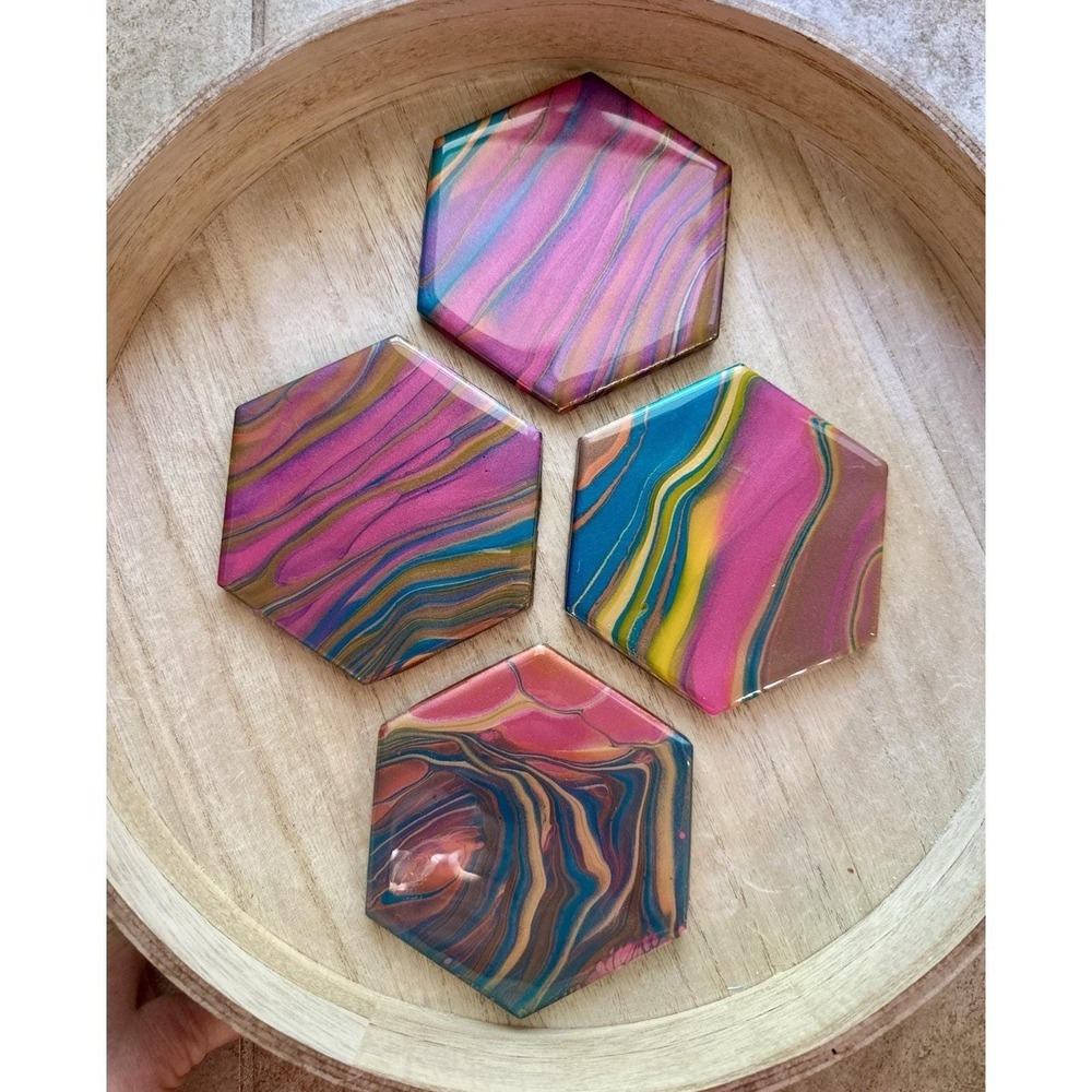 Acrylic Fluid Art Ceramic Hex 4.25" Tile Cork Backed Coasters Mother's Day